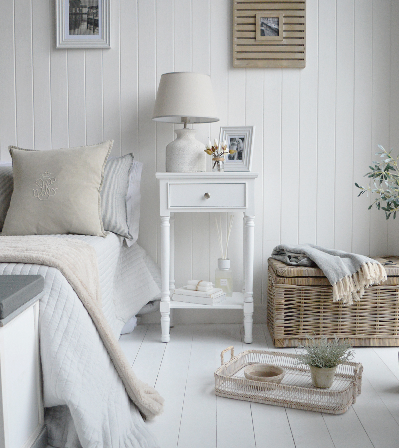 The Georgetown larger white bedside table with a drawer in a coastal inspired bedroom