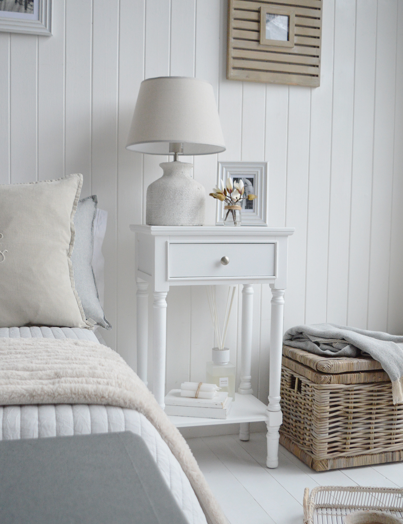 The Georgetown larger white bedside table, shown here in a modern country  inspired bedroom