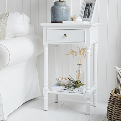 Georgetown white lamp bedside table with drawer and shelf. New England White Furniture. Modern Farmhouse and Country Interiors