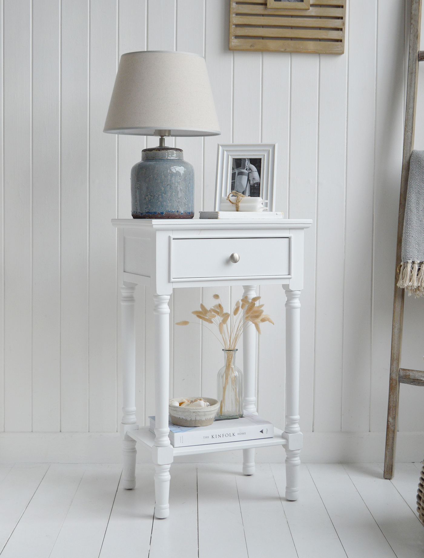 Georgetown white lamp bedside table with drawer and shelf. New England White Furniture. Coastal and Country Interiors