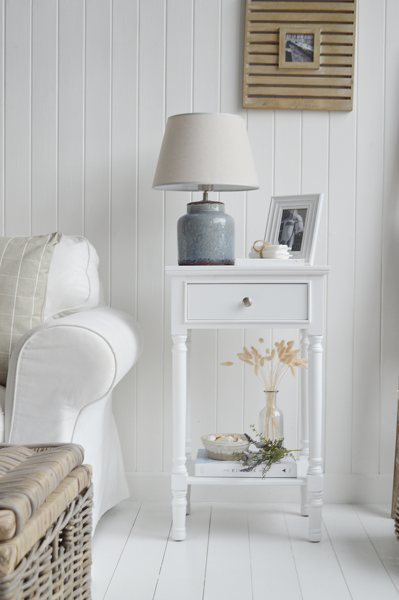Georgetown white lamp bedside table with drawer and shelf. New England White Furniture. Coastal and Country Interiors