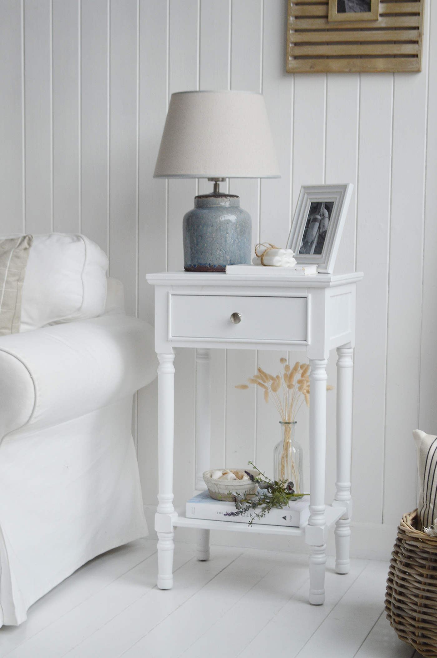 Georgetown white lamp bedside table with drawer and shelf. New England White Furniture. Coastal and Country Interiors