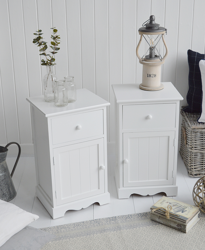 Pair of Maine white bedside with cupboard and drawer. Bedroom