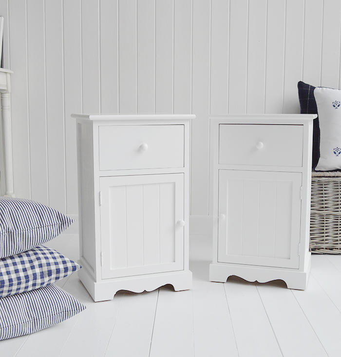 Pair of Maine white bedside with cupboard and drawer. Bedroom
