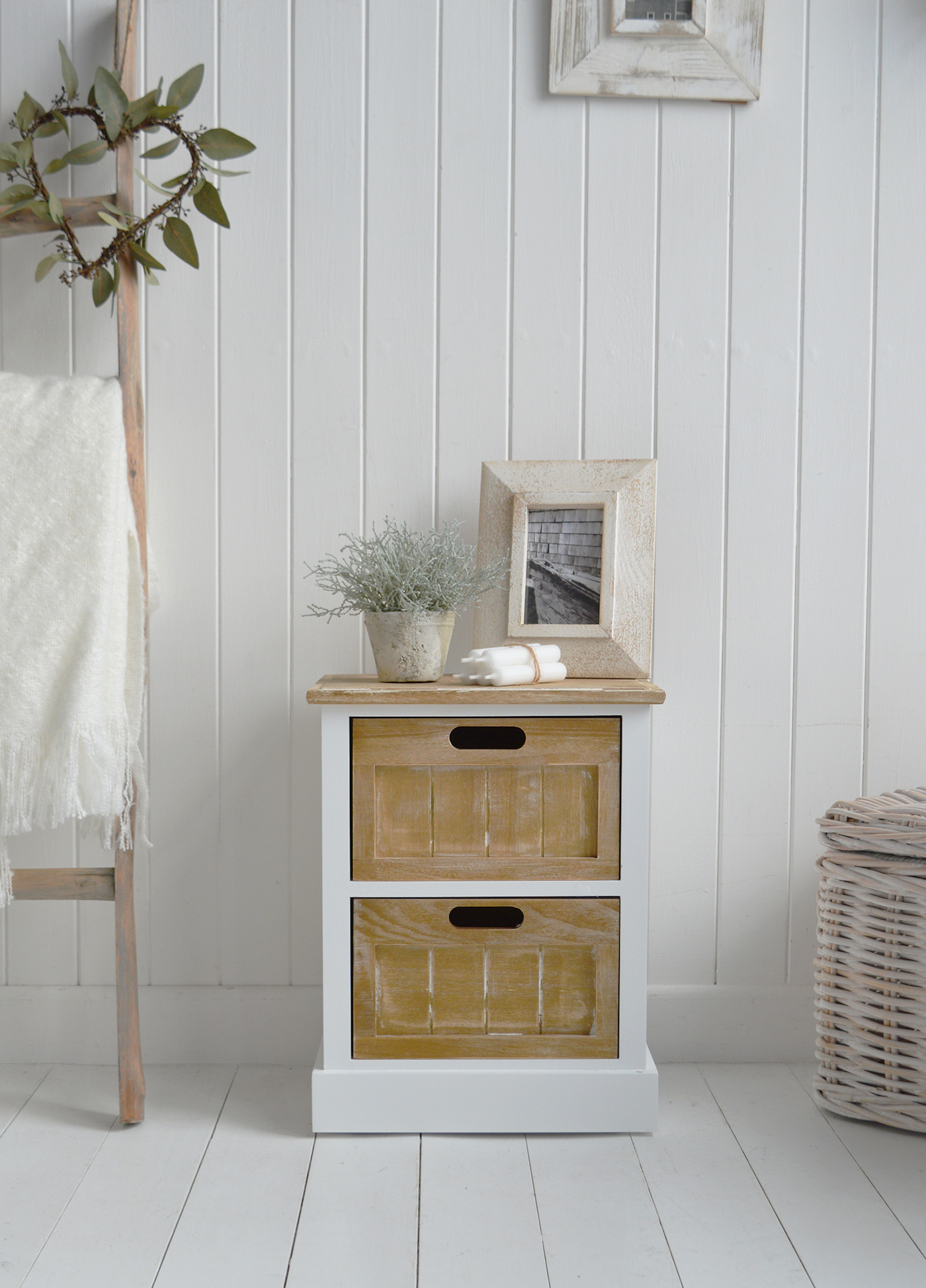The Miane white cabinet - ideal bedside with 2 drawers in driftwood and white clapboard
