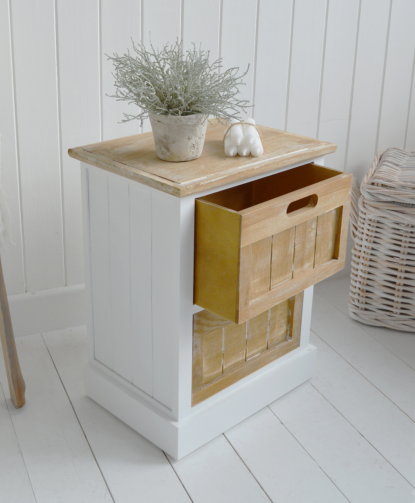 Maine Lamp white table - 2 drawers for storage in the living room or bedroom of coastal amd modern country homes and interiors