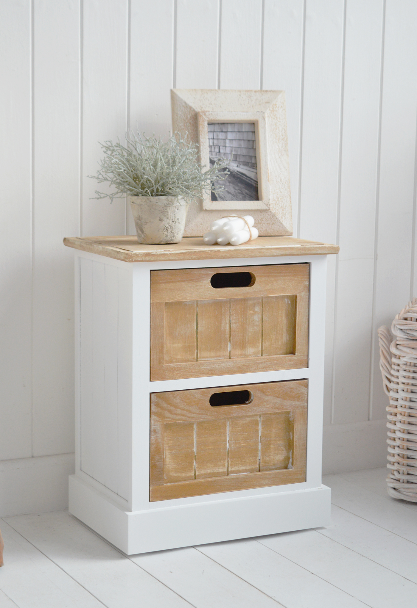 Maine white bedside cabinet for white bedrooms in counrty and coastal New England interiors