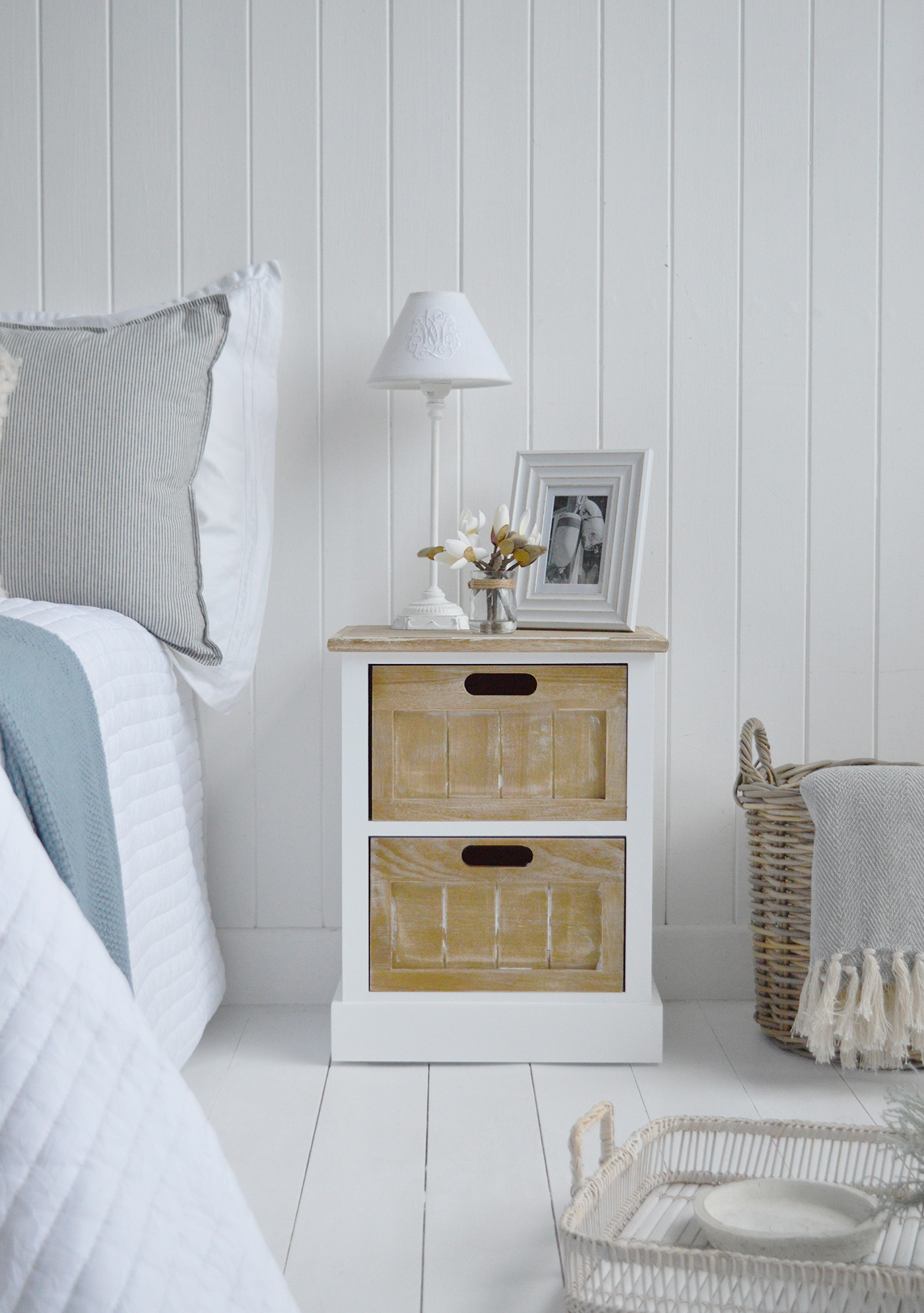 The Maine white bedside cabinet with two drawers for a Hamptons Beach House inspired bedroom