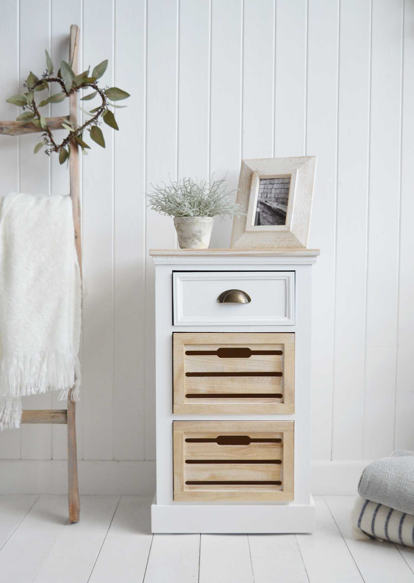 Southport White Cabinet - Bedside Lamp Table. Modern Country, Farmhouse and Coastal Furniture