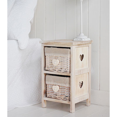 Narrow natural heart bedside table with baskets 25cm wide