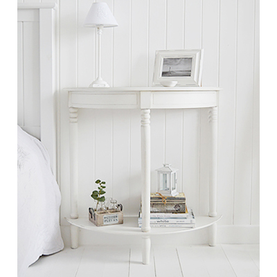 Maine white bedside cabinet with  three drawers for New England styled bedroom