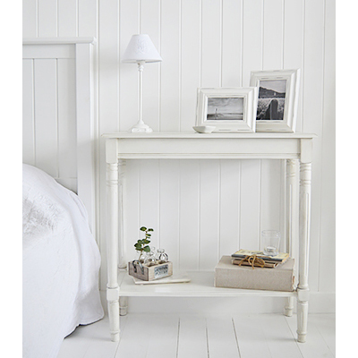 Maine white bedside cabinet with  three drawers for New England styled bedroom