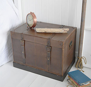 Vintage trunk bedside table for storage of clothes, blankets