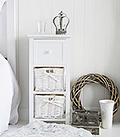 Bar Harbor narrow 25cm bedside table with baskets and drawer. A very simple budget white bedsie table with baskets and drawers