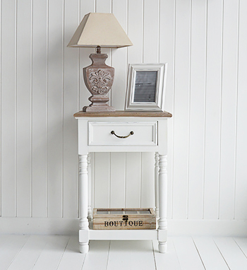 Brittany white lamp table with shelf and drawer