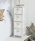 Dorset 25cm white narrow storage furniture, ideal white bedside table for New England Coastal and Country Cottage Interior styles