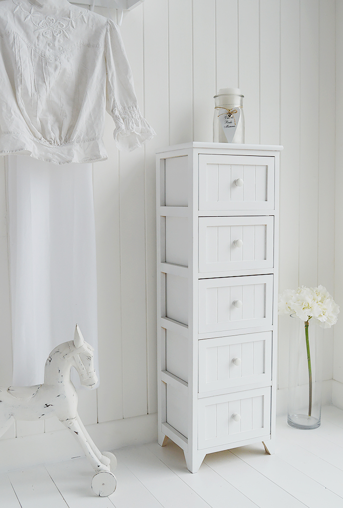 Maine Tall Slim Chest Of 5 Drawers White Tallboy Bedroom Storage