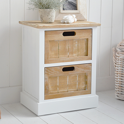 Maine white bedside table, a cabinet with 3 drawers for storage in a traditional New England style, a perfect piece of Coastal, beach house and modern farmhouse furniture