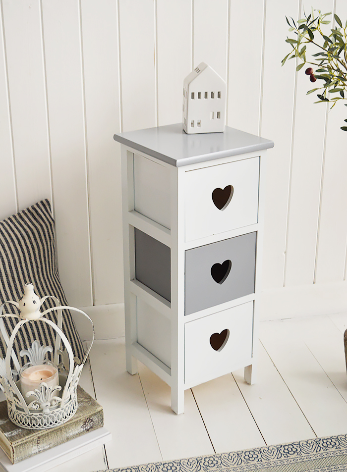 Narrow bedside table 25cm widest, slim bedroom furniture in grey and white Sweetheart range