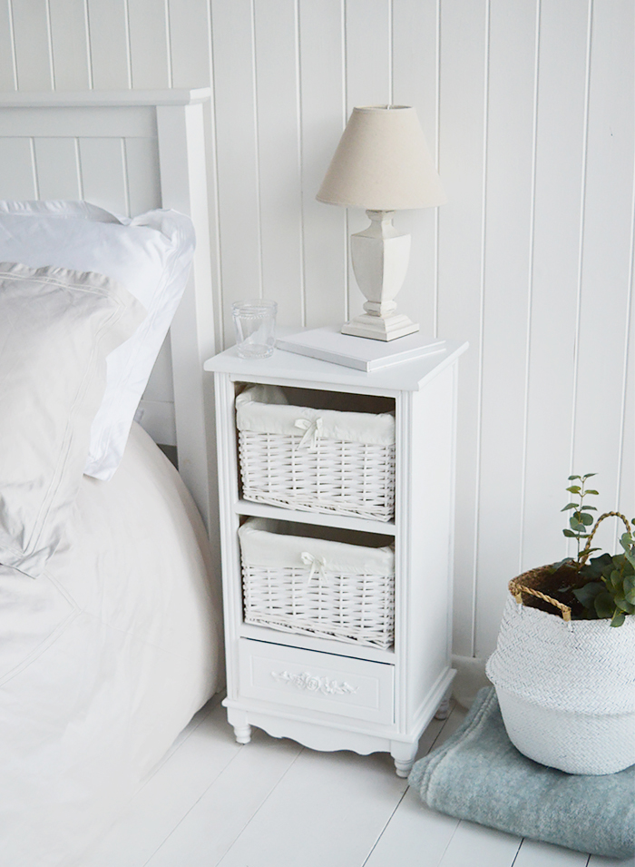 Rose white bedroom furniture. Shown here as a bedside table with large basket drawers and a pretty floral bottom drawer