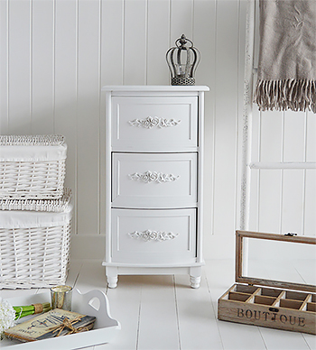 White iving room furniture, lamp table with three drawers