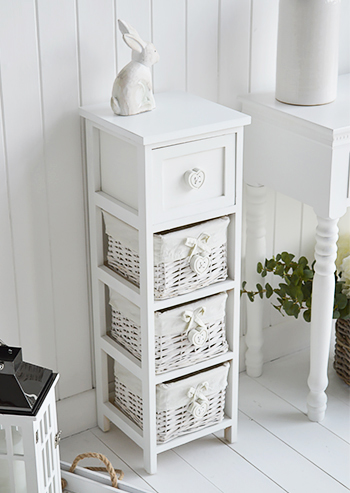 Sweetheart white narrow 23cm wide storage baskets for bathroom furniture