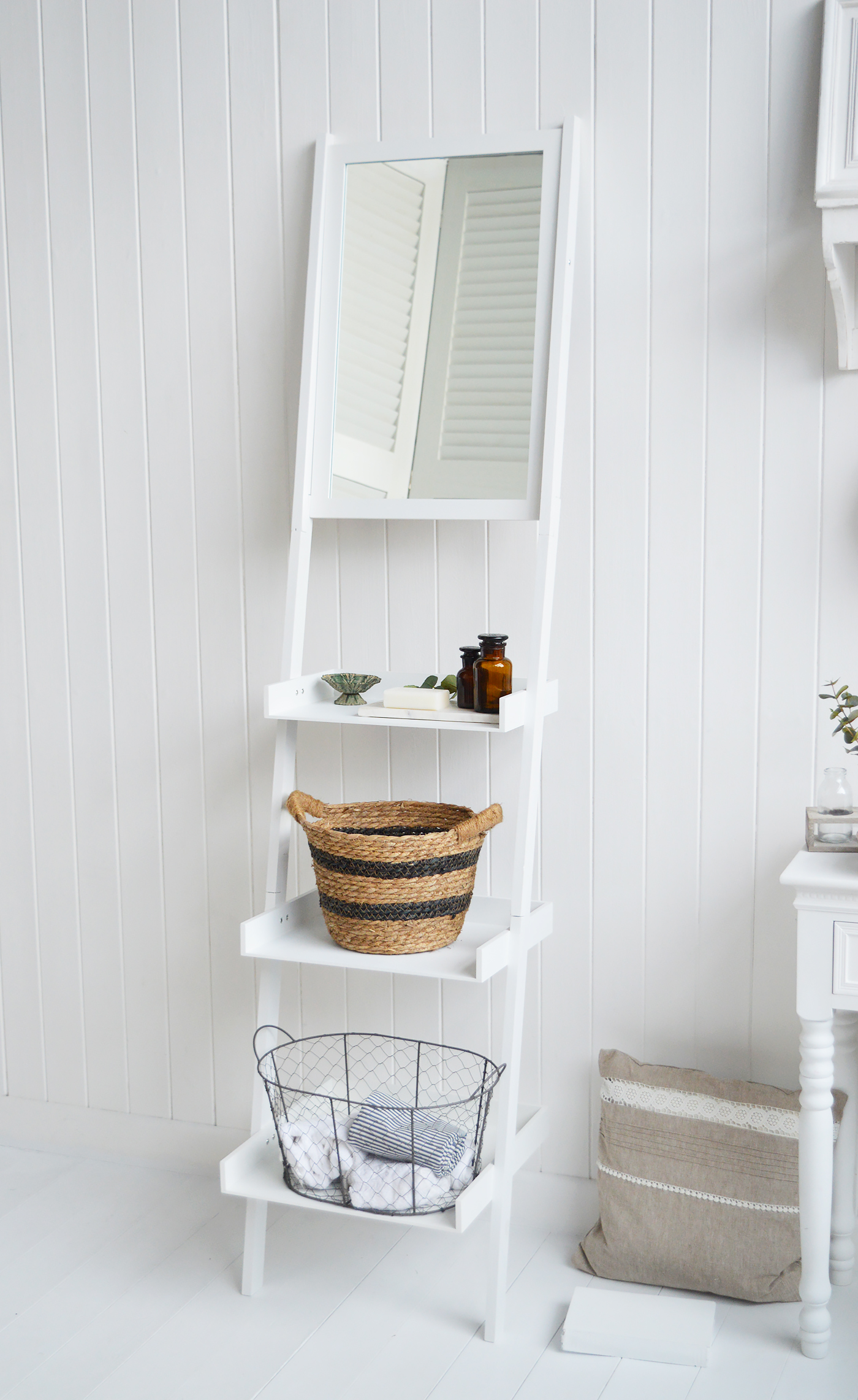 Wakefield white ladder shelf with mirror from The White Lighthouse Furniture. Ideal space saving piece of storage furniture for the bedroom or bathroom