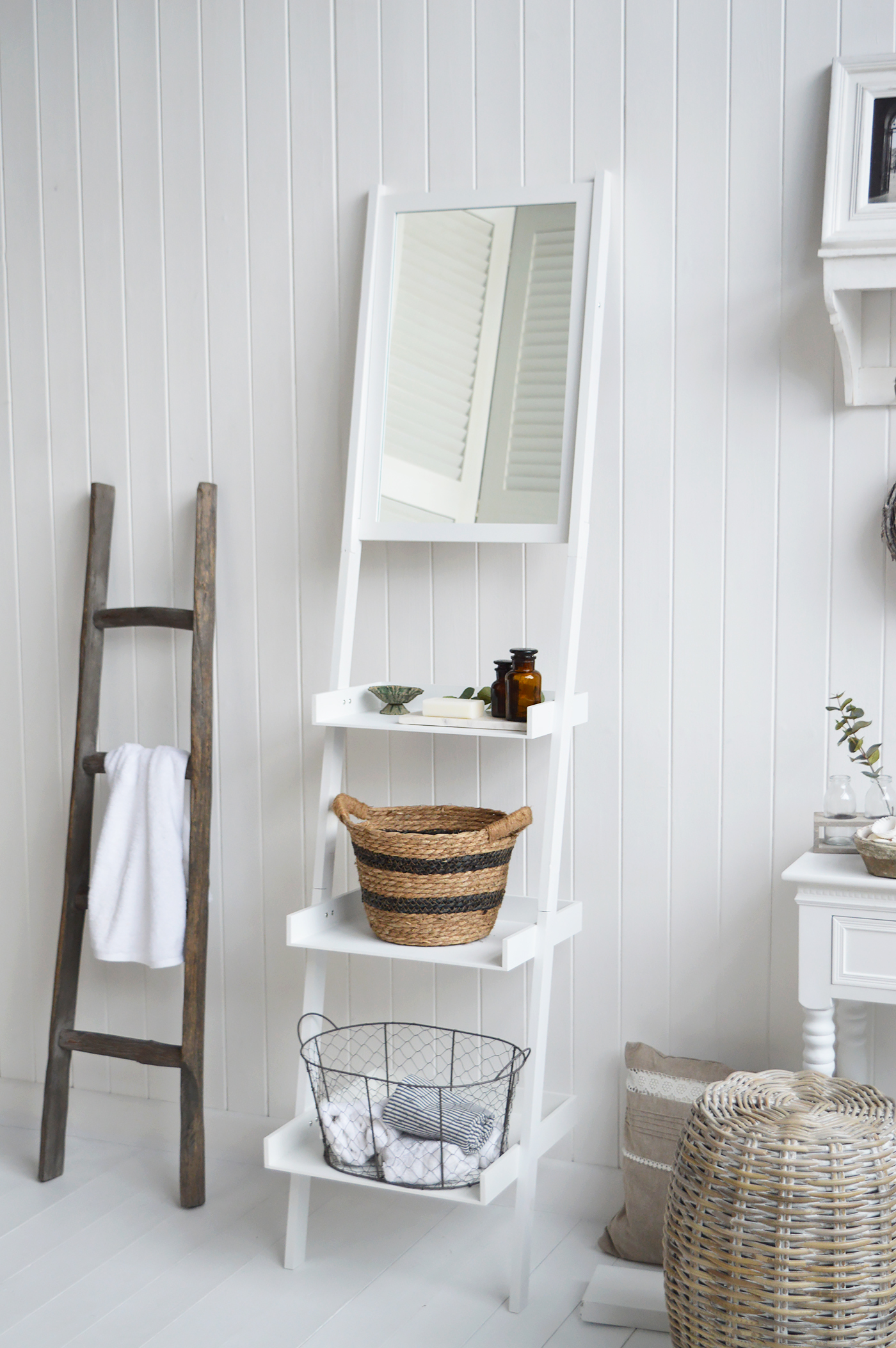 Wakefield white ladder shelf with mirror from The White Lighthouse Furniture. Ideal space saving piece of storage furniture for the bedroom or bathroom