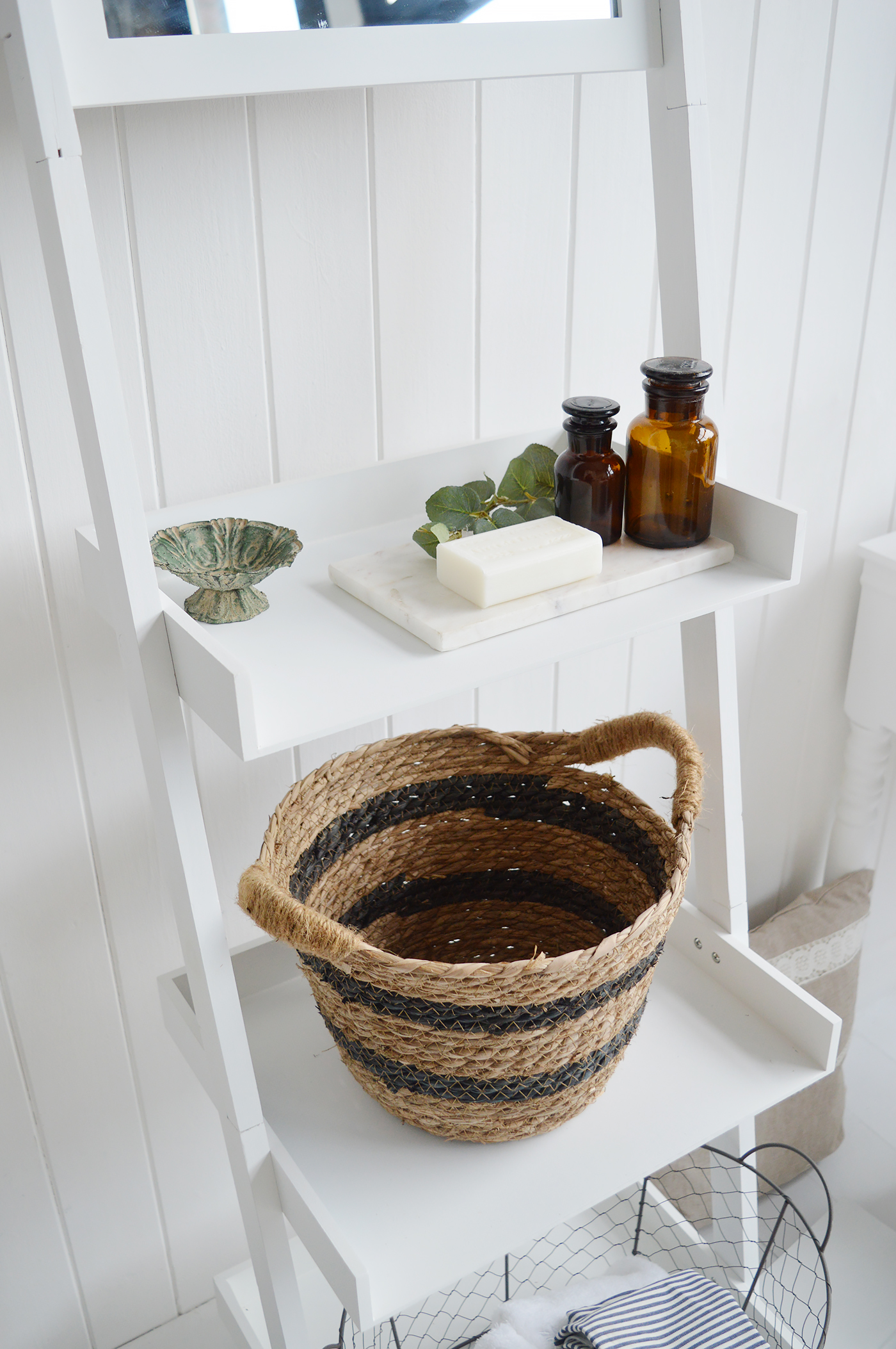 Wakefield white ladder shelf with mirror from The White Lighthouse Furniture. Ideal space saving piece of storage furniture for the bedroom or bathroom