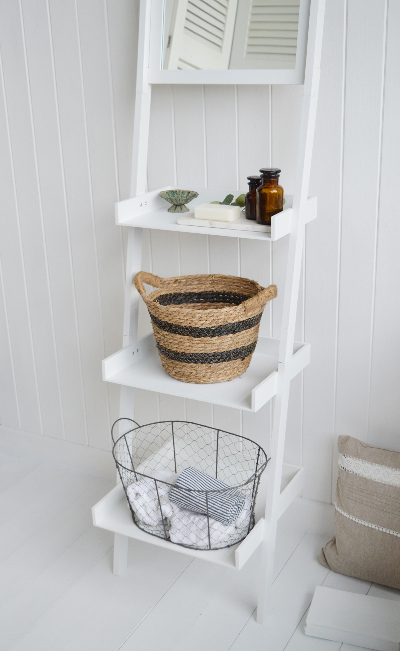 Wakefield white ladder shelf with mirror from The White Lighthouse Furniture. Ideal space saving piece of storage furniture for the bedroom or bathroom