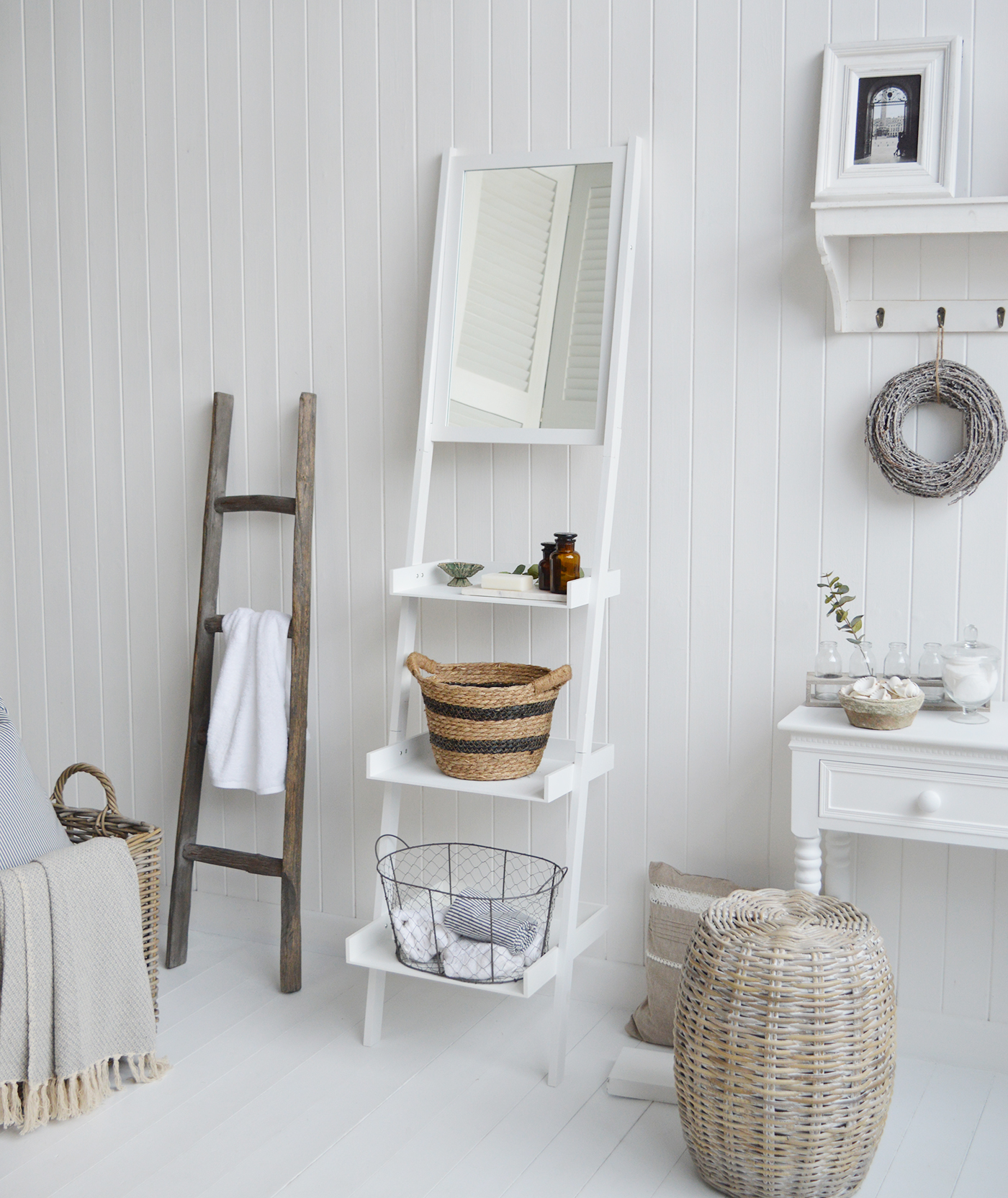 Wakefield white ladder shelf with mirror from The White Lighthouse Furniture. Ideal space saving piece of storage furniture for the bedroom or bathroom