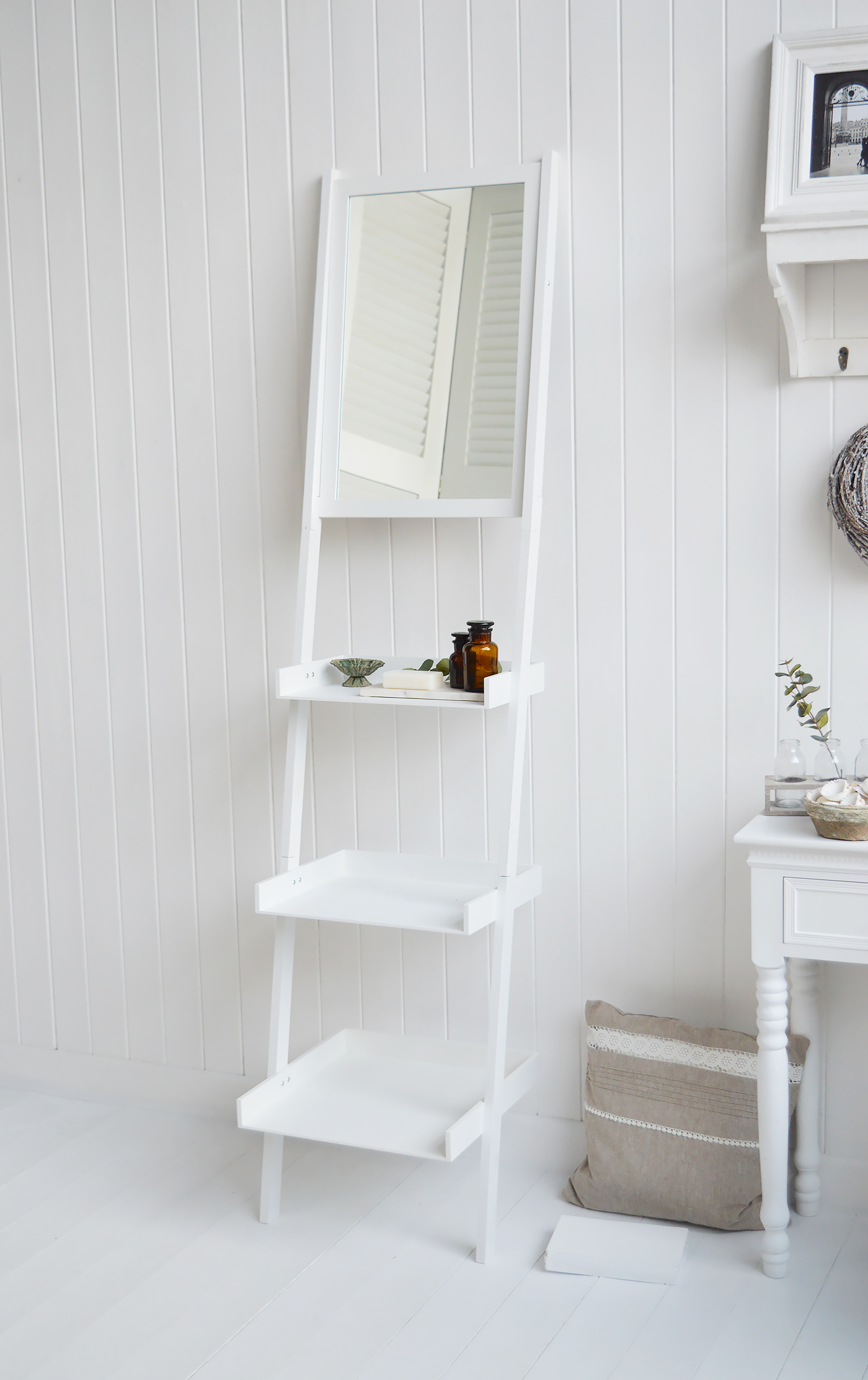 Wakefield white ladder shelf with mirror from The White Lighthouse Furniture. Ideal space saving piece of storage furniture for the bedroom or bathroom