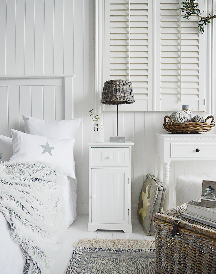 Maine white bedroom furniture, our bedside cabinet with a shelved cupboard and a drawer