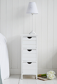 Slim Dorset narrow max width 25cm wide bedside table in white with 3 drawers