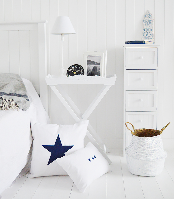 White Bedside tray table with Maine 5 drawer chest of drawers