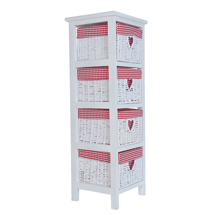 White Narrow storage furniture with 4 drawers, 25cm wide unit from The White Cottage slim Range of white bedroom furniture with red and white gingham for home interiors