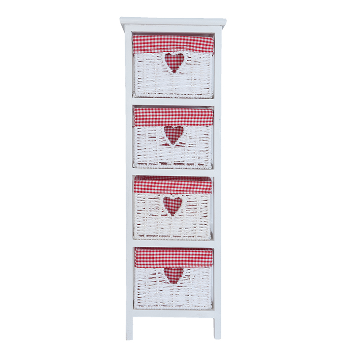 Slim White Narrow storage furniture with 4 drawers, 25cm wide unit from The White Cottage Range of white bedroom furniture with red and white gingham for bedroom