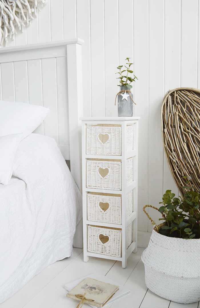 White Cottage Narrow Bedside Table with max width 25 cm. Slim for small bedroom furniture with 4 drawers