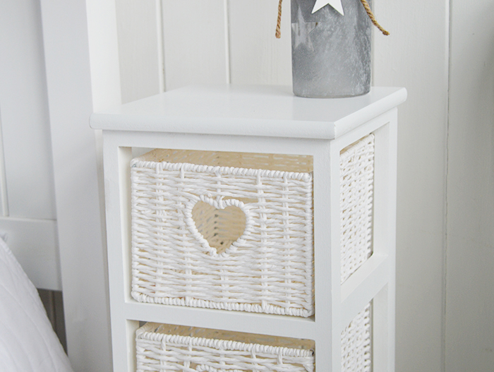White Cottage Narrow Bedside Table with max width 25 cm. Slim for small bedroom furniture narrow with 4 drawers
