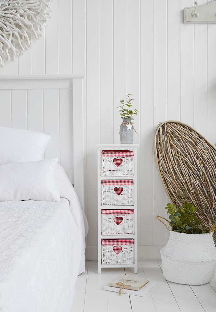 White Cottage Narrow Bedside Table with max width 25 cm. Slim for small bedroom furniture with 4 drawers with red gingham